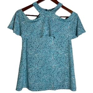 Michael Michael Kors Cold Shoulder Ruffled Halter Turquoise White Top XS